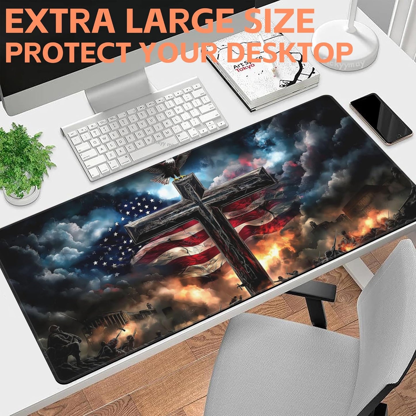 Mouse Pad Large A Cross with an Eagle Non-Slip Game Desk Mat with Stitched Edge Laptop Keyboard Desk Pad for Work Home Gaming (35.4 x 15.7 Inches)