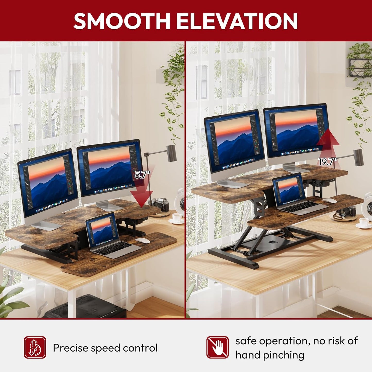 SANODESK Standing Desk Converter with Electric Motor 42" Height Adjustable Riser for Office Home,Dual Monitor and Laptop Workstation with Large Keyboard Tray,Rustic Color