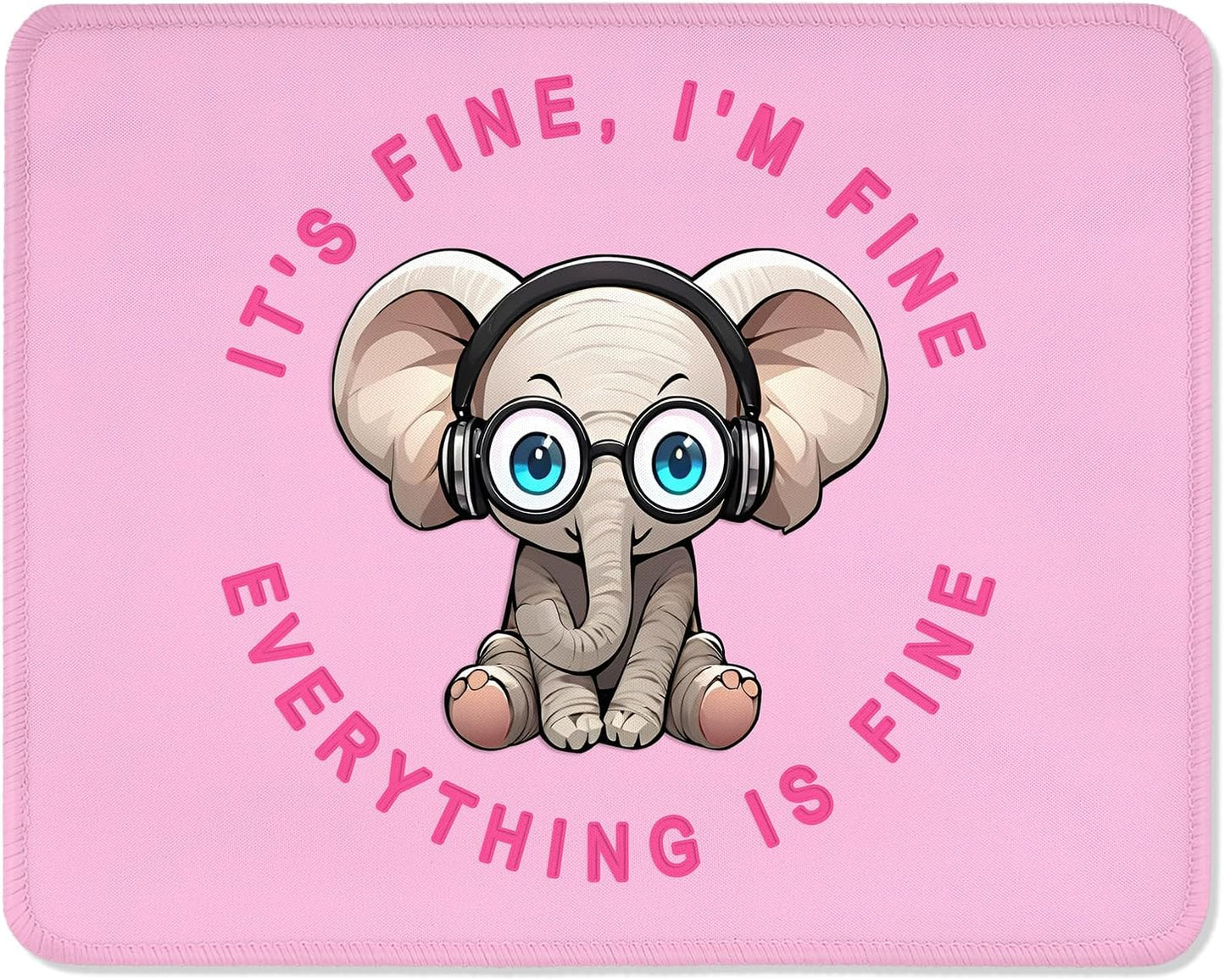 ITNRSIIET Mouse Pad with Stitched Edge Premium Textured Smooth Precise Operation Waterproof Washable Non-Slip Rubber Base Desktop Protection Mat, 10.2×8.3×0.12 inches, Pink Pretty Elephant