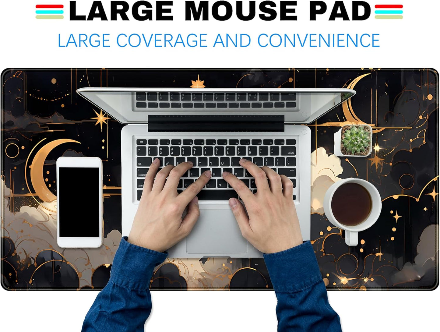 Black and Gold Celestial Desk Mat XXL Extended Gaming Mouse Pad Large Mousepad with Stitched Edges, Laptop Computer Keyboard Mouse Mat Desk Pad for Work Game Office Home Desk Decor 31.5x15.75 in