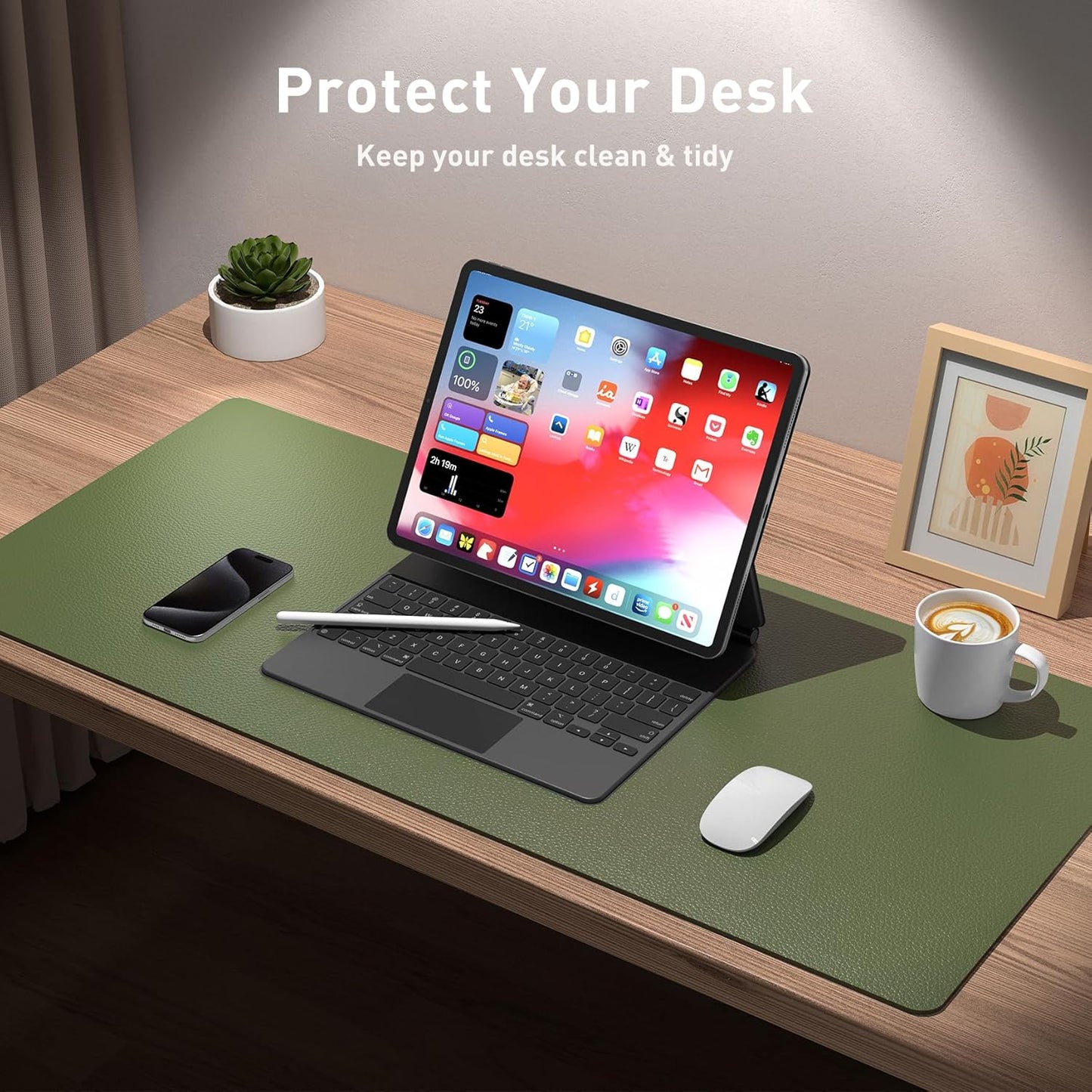 Aothia Leather Desk Pad Protector, Mouse Pad, Office Desk Mat, Non-Slip PU Leather Desk Blotter, Laptop Desk Pad, Waterproof Desk Writing Pad for Office and Home (48"x17", Olive Green)