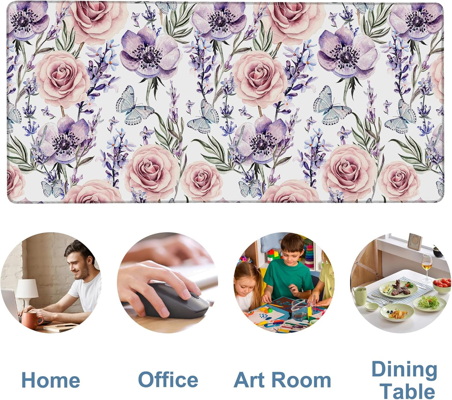 Gaming Desk Pad Large Extra Length Lavender, Roses and Anemone Mouse Pad Keyboard Laptop Non-Slip Waterproof with Rubber Base Thick Stitched Edge Mouse Mat for Office Home 35.4 x 15.7 Inches
