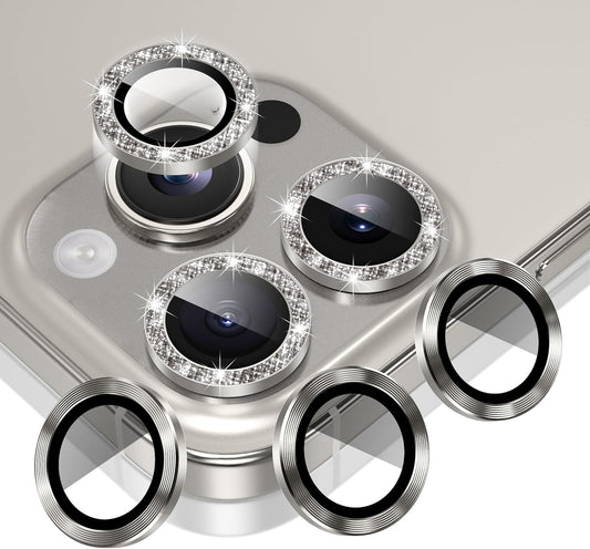 AGVEE 3+3 6 Pack for iPhone 16 Pro 6.3" / 16 Pro Max 6.9" Camera Lens Cover Protector, Bling Glitter & CD-Textured Metal Ring 9H Tempered HD Glass Camera Cover Protector Film, Glitter-Natural