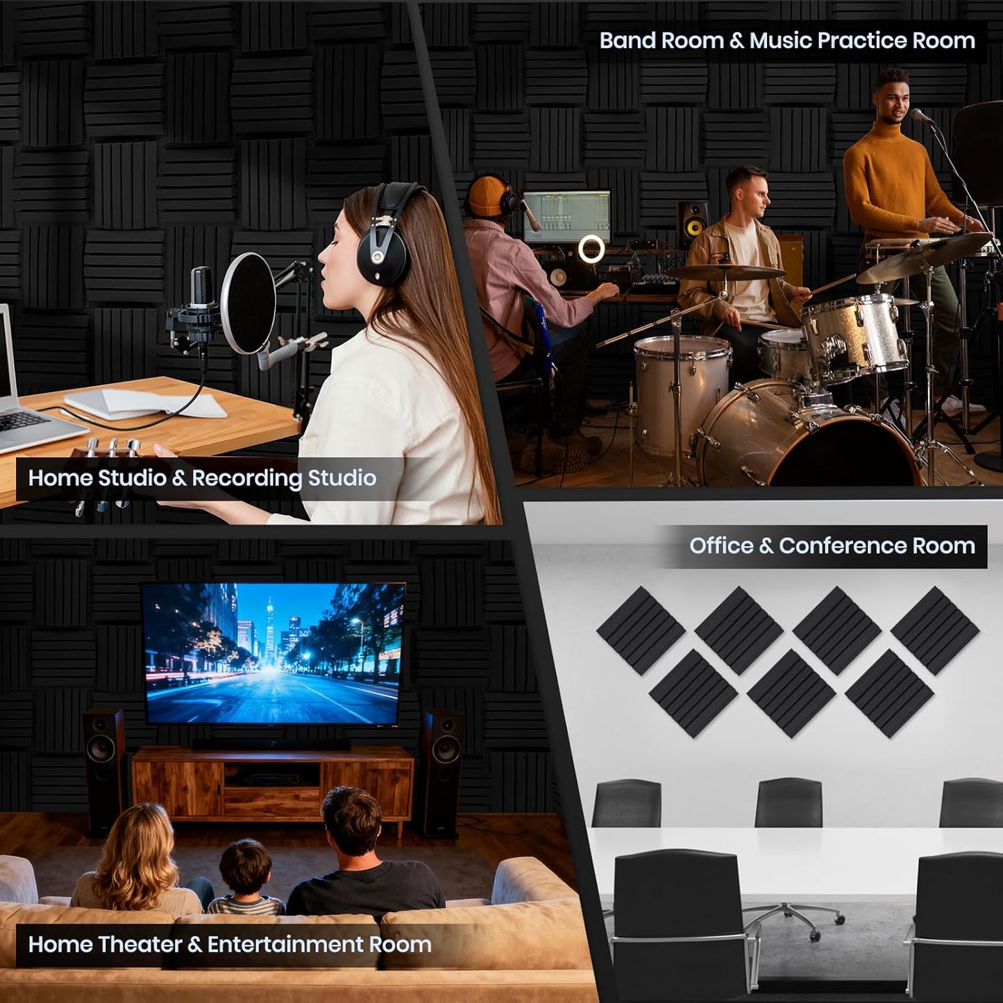 Focusound 18 Pack Curved Acoustic Foam Panels 3" x 12" x 12" Sound Proof Foam Panels Soundproofing Noise Cancelling Wedge Panels for Home Office Recoding Studio with 150 PCS Double-Side Adhesive