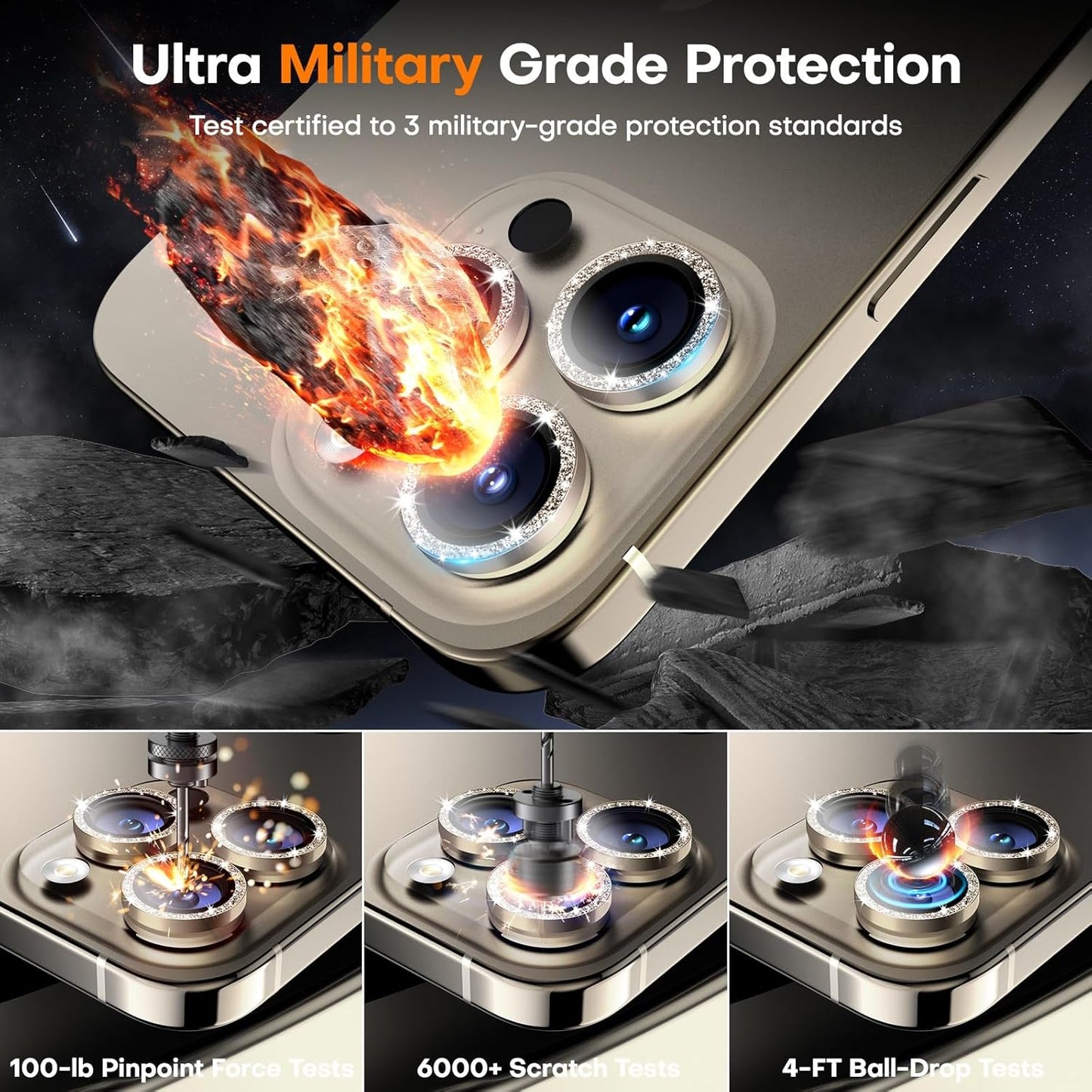 Camera Lens Protector for iPhone 16 Pro Max/16 Pro/15 Pro Max/15 Pro/14 Pro Max/14 Pro, Sapphire Glass Metal Individual Camera Cover Screen, Anti-drop, Case Friendly- Glitter Natural Titanium