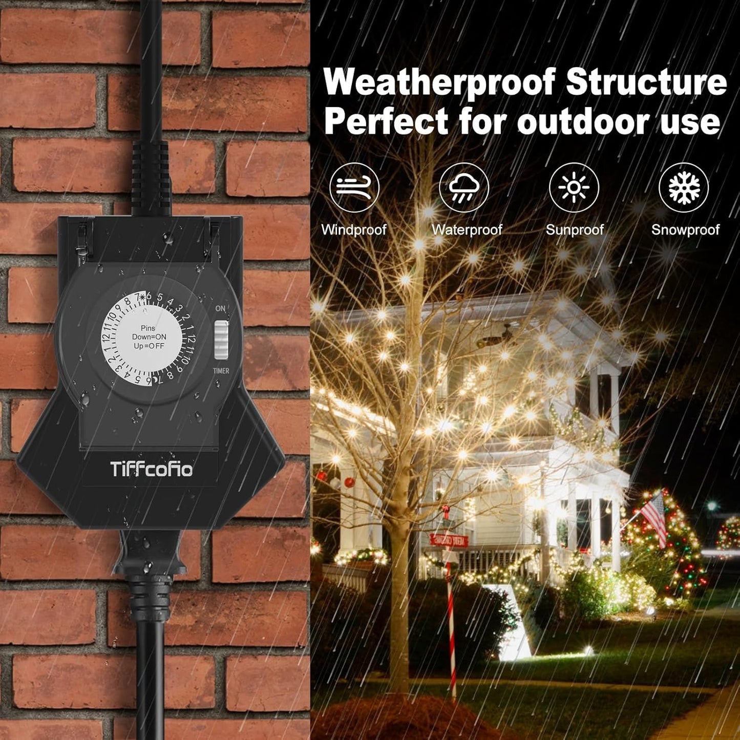 Outdoor Timer Outlet Waterproof, 24 Hour Mechanical Light Timer Outdoor, 2 Grounded Outlets for Home and Garden, 15A 1/2HP, Heavy Duty, ETL Listed (1 Pack)