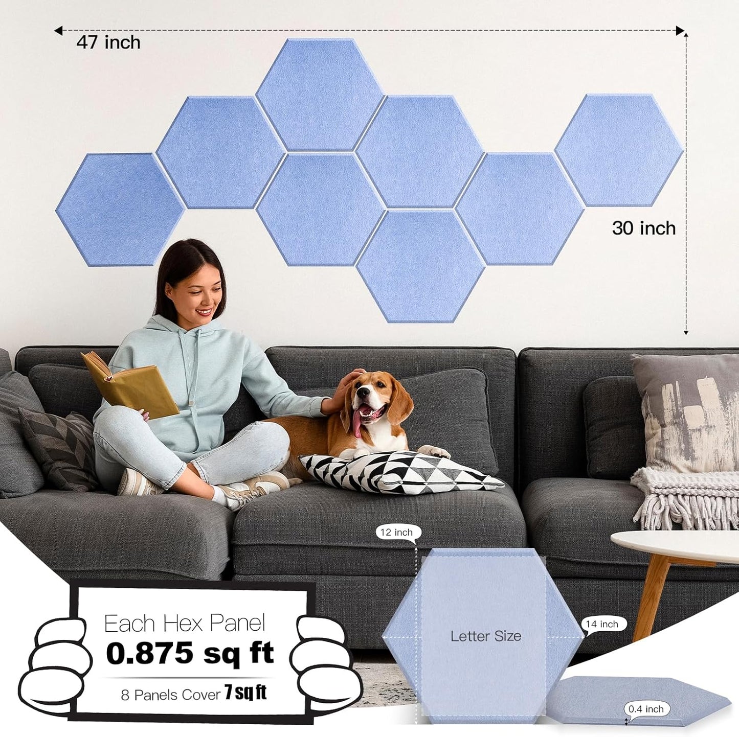 Mollywell Hexagon Acoustic Panels, High Density, Soundproofing, Decorative Noise Reduction Felt Wall Tiles for Ceilings, Home Office & Gaming Room (Ash Gray), 14x12x0.4 Inch