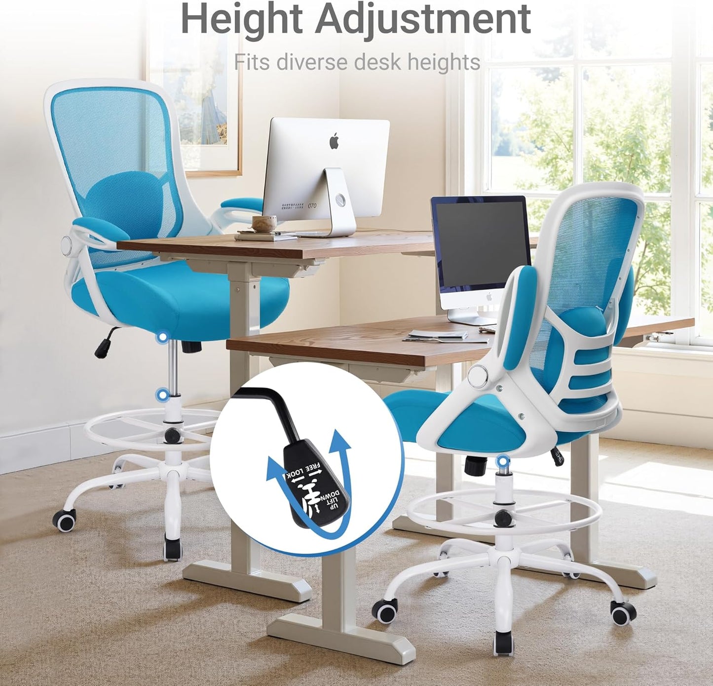 HYLONE 400lbs Heavy Duty Drafting Chair 5" Thickened Seat Office Chair with Flip-Up Armrests Tall Ergonomic Computer Chair with Lumbar Support and Adjustable Footrest Ring Standing Desk Chair (Blue)