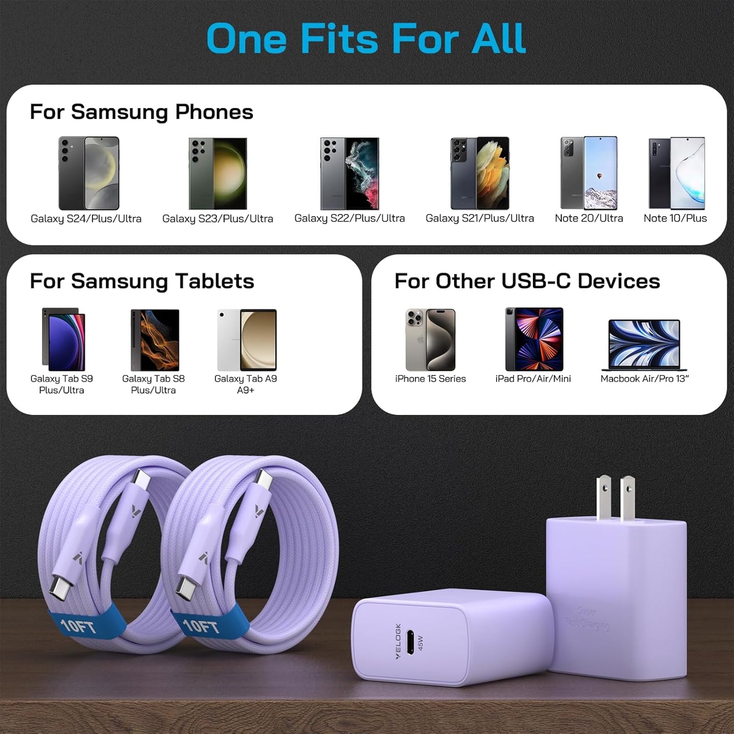 45W Super Fast Charger USB C, 45 Watt Type-C Android Phone Charger Fast Charging Block with 10FT Type C Cords for Samsung Galaxy S25 Ultra/S24 Ultra/S24+/S23 Ultra/S22 Plus/S20,Tab S9/S8 Ultra(Purple)