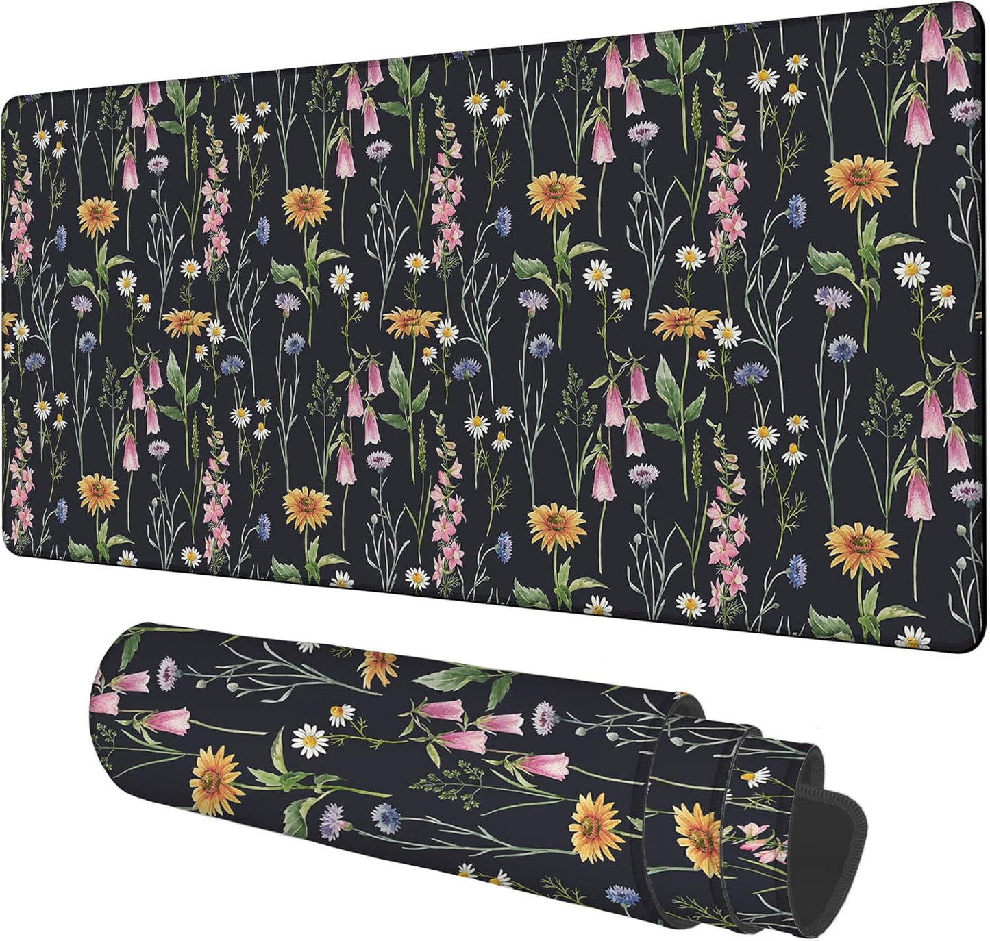 Large Mouse Pad Field Flowers Gaming Desk Pad Computer Keyboard Non-Slip Waterproof Mouse Mat with Rubber Base and Stitched Edges Entertainment Office Writing Desk Mat 35.4 x 15.7 Inches