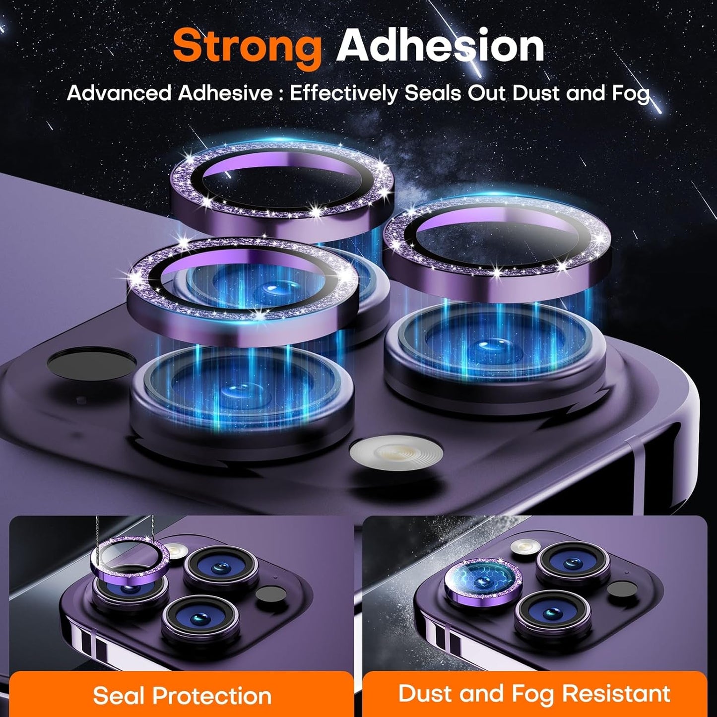 Camera Lens Protector for iPhone 16 Pro Max/16 Pro/15 Pro Max/15 Pro/14 Pro Max/14 Pro, Sapphire Glass Metal Individual Camera Cover Screen, Anti-drop, Case Friendly- Glitter Deep Purple