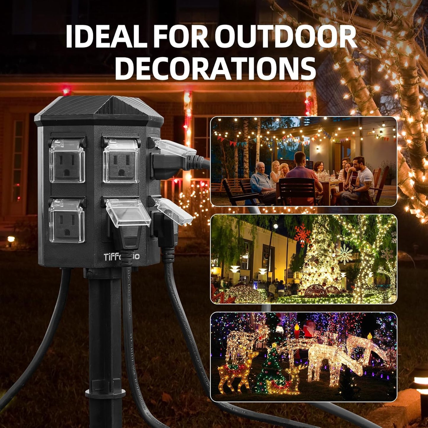 TiFFCOFiO Outdoor Power Strip Timer, Dusk to Dawn Light Sensor Countdown, 6 Feet Extension Cord Waterproof, 6 Grounded Outlets for Halloween and Christmas Decorations, ETL Listed (6 FT)