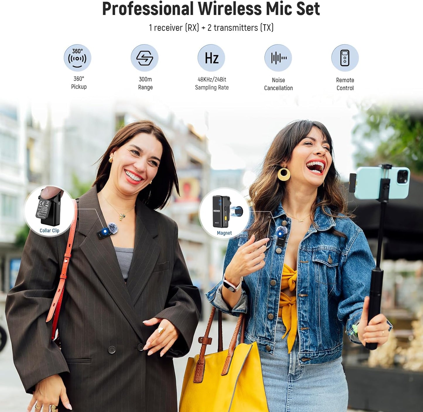 NEEWER KM15 Wireless Lavalier Microphone System Compatible with iPhone Android Phone PC Computer, Mini USB C Noise Cancelling Lapel Mic, 300m Range 48KHz/24Bit 9H Battery for Video Recording Streaming