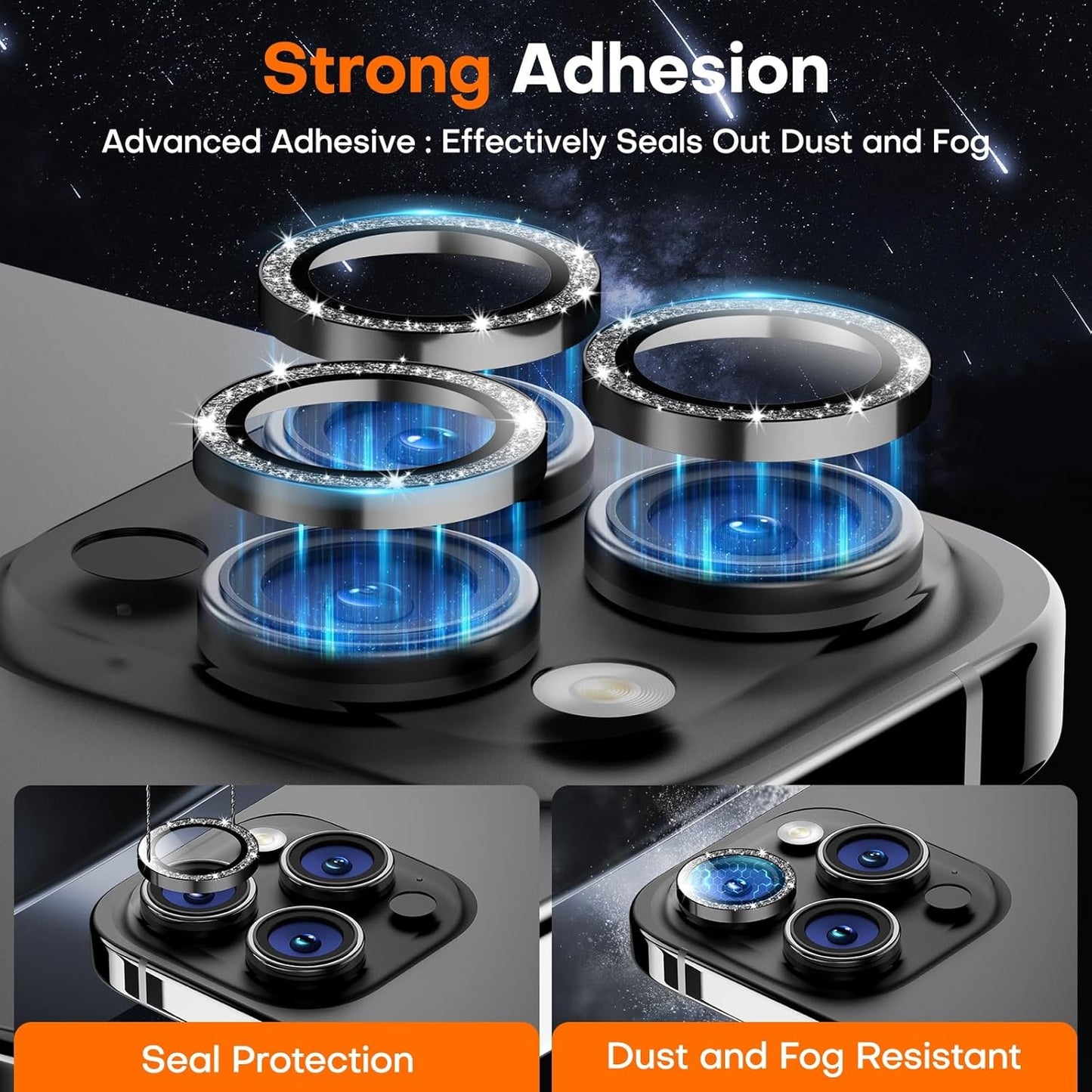 Camera Lens Protector for iPhone 16 Pro Max/16 Pro/15 Pro Max/15 Pro/14 Pro Max/14 Pro, Sapphire Glass Metal Individual Camera Cover Screen, Anti-drop, Case Friendly- Glitter Black Titanium