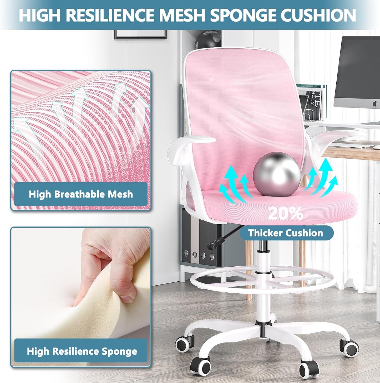 Tall Drafting Chair with Footrest Ring for Home and Work, Ergonomic Home Desk Office Chair with Flip up Arms and Lumbar Support, Extended Height Executive Desk Office Chair(Pink)