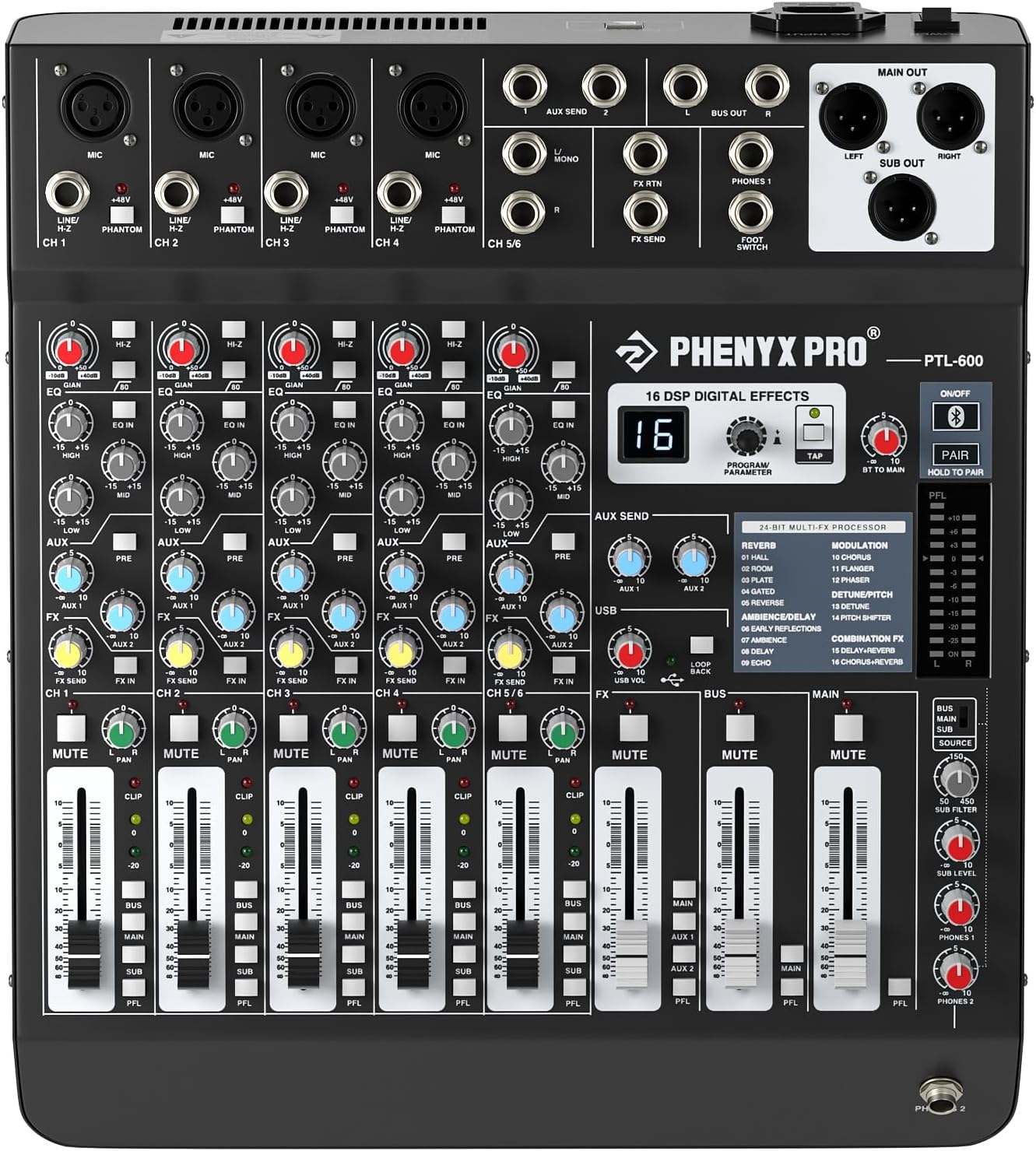 Professional 6-Channel Audio Mixer, Phenyx Pro DJ Sound Mixer Board w/Flexible AUX, BUS, SUB Routing, 16 DSP, BT Streaming & USB-B PC Recording, Mixing Console for Stage, Home Studio (PTL-600)
