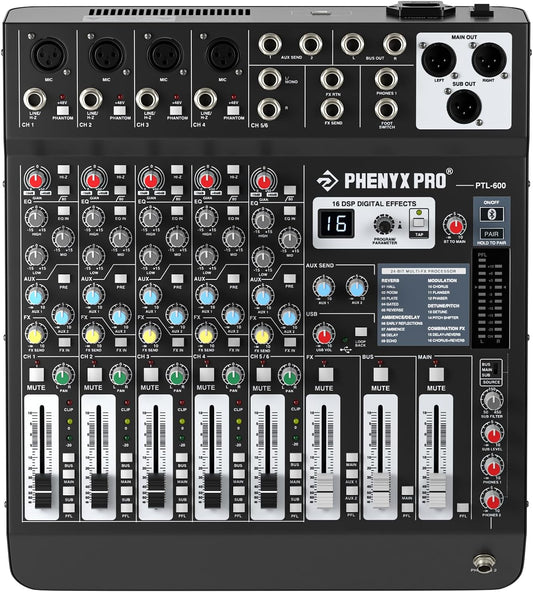 Professional 6-Channel Audio Mixer, Phenyx Pro DJ Sound Mixer Board w/Flexible AUX, BUS, SUB Routing, 16 DSP, BT Streaming & USB-B PC Recording, Mixing Console for Stage, Home Studio (PTL-600)