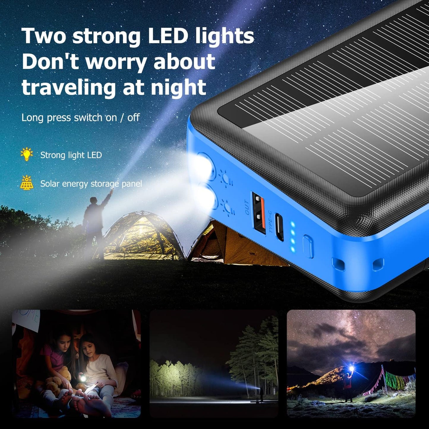 Portable Charger with Built in Cable and Wall Plug 50000mAh PD30W Fast Charging Solar Power Bank with 5 Output & 2 Input Dual LED Flashlights Phone Holder External Battery Pack (Blue)