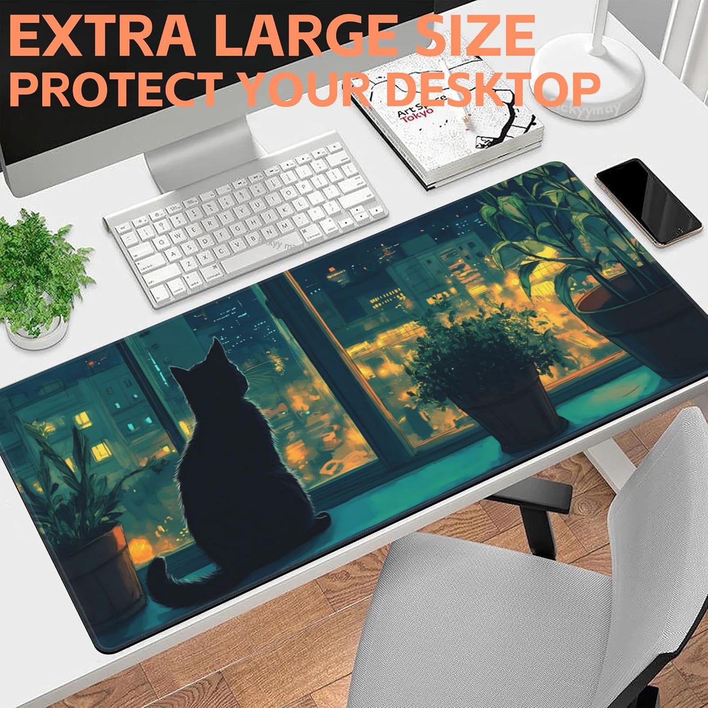 Mouse Pad Large Cat Sitting on The Windowsill Non-Slip Game Desk Mat with Stitched Edge Laptop Keyboard Desk Pad for Work Home Gaming (35.4 x 15.7 Inches)
