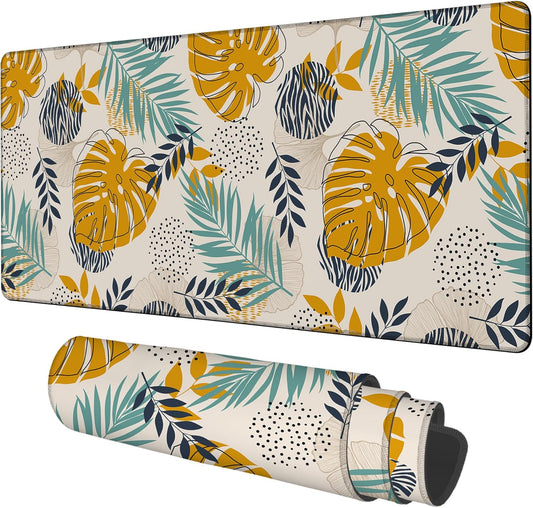 Large Mouse Pad Palm Leaves Gaming Desk Pad Computer Keyboard Non-Slip Waterproof Mouse Mat with Rubber Base and Stitched Edges Entertainment Office Writing Desk Mat 35.4 x 15.7 Inches