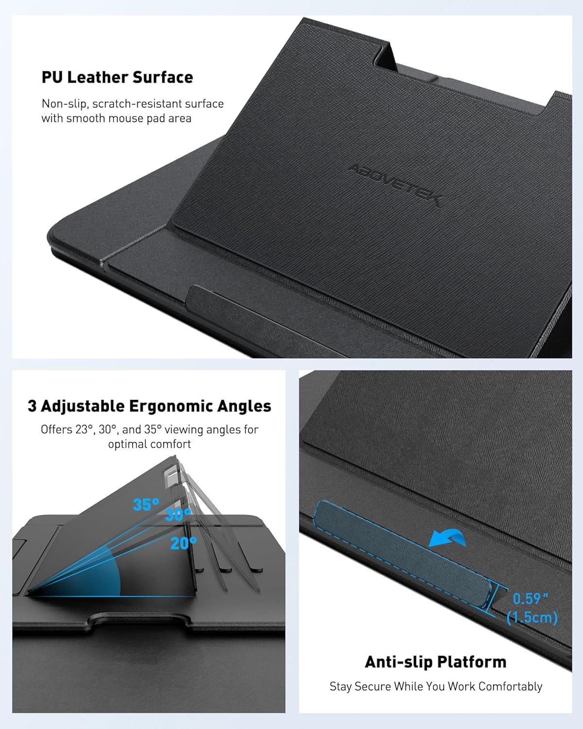 AboveTEK Adjustable Laptop Lap Desk, 3 Ergonomic Angles, PU Leather Non-Slip Surface, Heat Shield, Retractable Mouse Pad, Portable Laptop Lap pad Workstation for Bed, Sofa, Travel