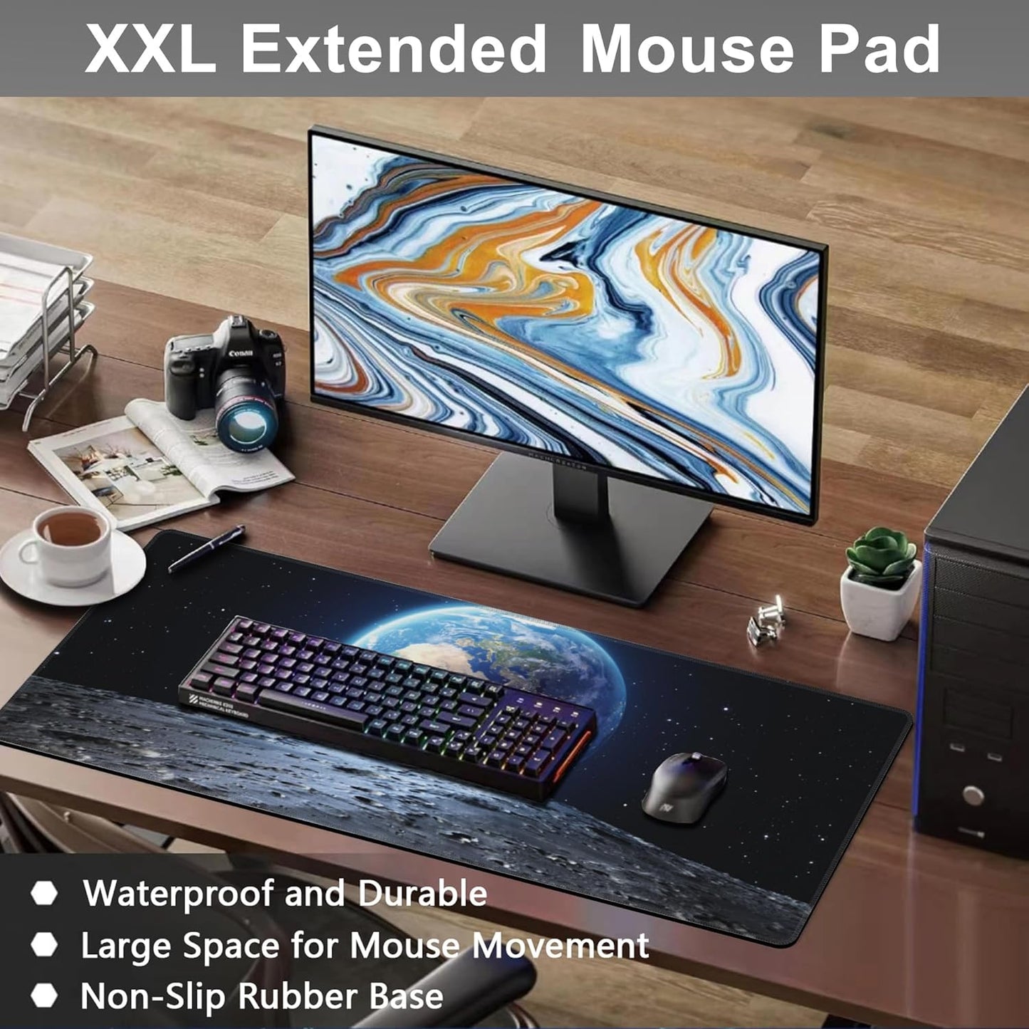 Mouse Pad, Large View of Earth from The Moon Surface Desk Mat, Extended Non-Slip Gaming Keyboard Mousepad Desk Pad, Thick Stitched Edges Waterproof Mouse Mat 31.5"x15.7" (Beautiful Blue Earth)