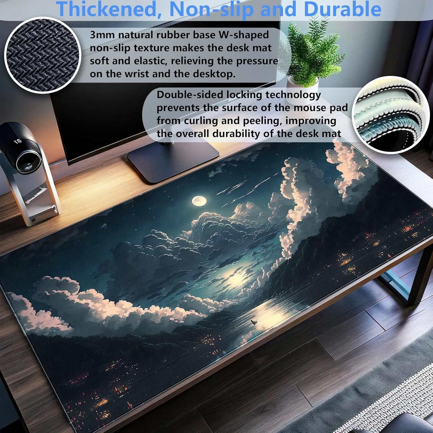 Anime Aesthetics Desk Mat Cloud Mouse Pad Gaming MousePad XXL Computer Mat Full Desk Mouse and Keyboard Pad Full Moon Mouse Mat with Stitched Edge Anti-slip Washable for Office and Home 31.5 x 15.7 In
