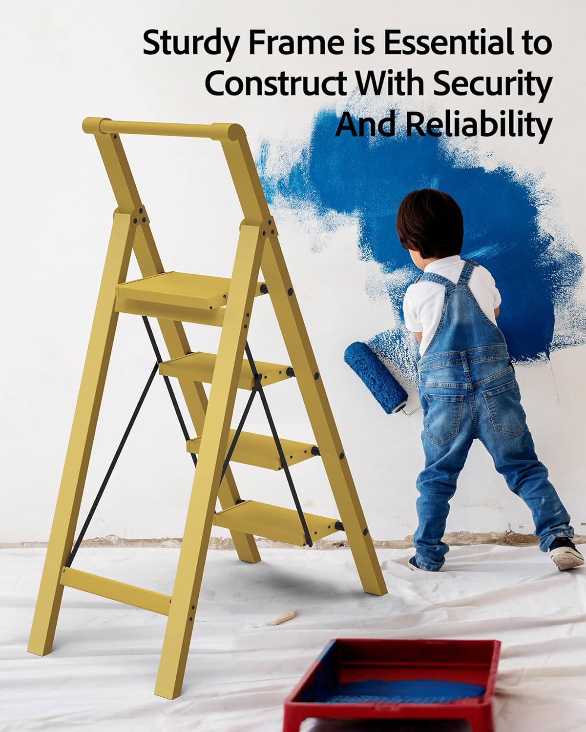 Taranta 4 Step Ladder, Lightweight Aluminum Step Stool with Convenient Handgrip, Folding Ladder with Anti-Slip Pedals, 330lbs Capacity Stepladder for Home, Office, Kitchen - Twilight Yellow