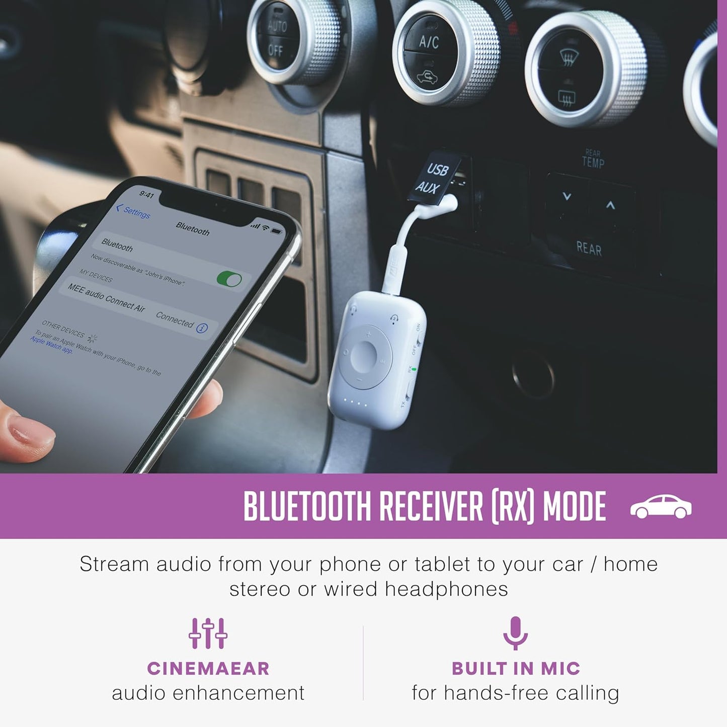 MEE audio Connect Air Pro Bluetooth Wireless Audio Transmitter & Receiver for AirPods or Bluetooth Headphones, 2-in-1 Adapter with Detachable Cable 3.5mm Aux Audio Jack for Airplanes, Auto, Gym, White