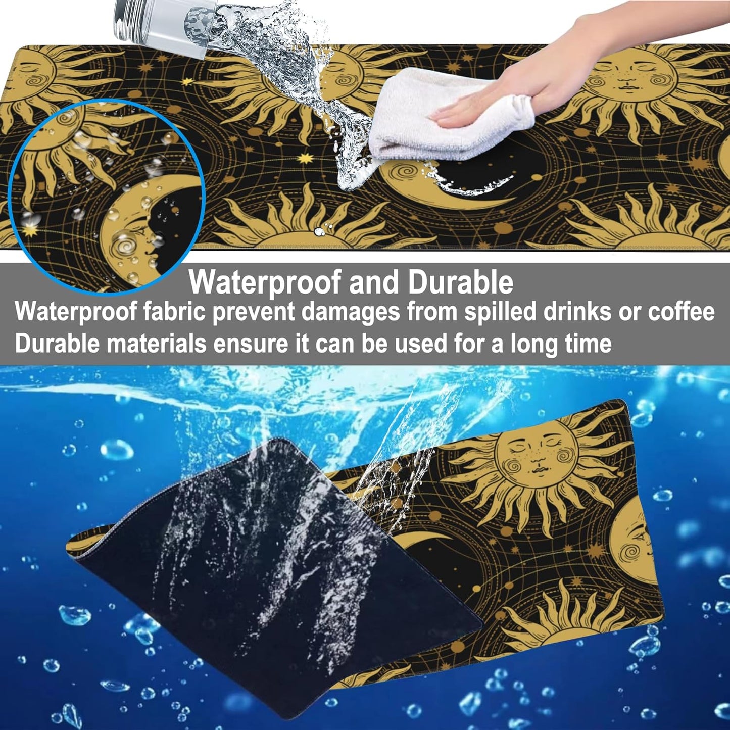 Mouse Pad, Large Golden Sun and Crescent Desk Mat, Extended Non-Slip Gaming Keyboard Mousepad Desk Pad, Thick Stitched Edges Waterproof Mouse Mat 31.5"x15.7" (Sun and Moon)