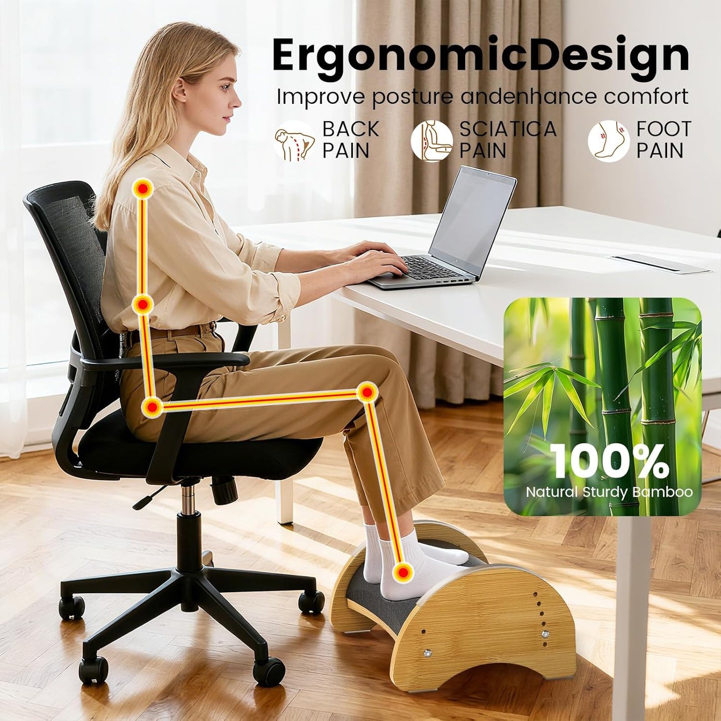 Bamboo Foot Rest for Under Desk at Work, Reversible Ergonomic Rocking Office Foot Rest, 6 Heights Adjustable & Non-Slip Mats with Foam Cushion, Under Desk Footrest for Home Office