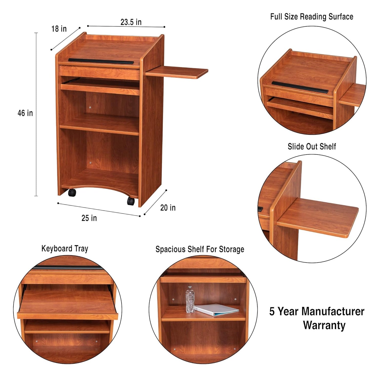 OEF Furnishings Mobile Floor Lectern with Side Shelf And Keyboard Tray, Cherry