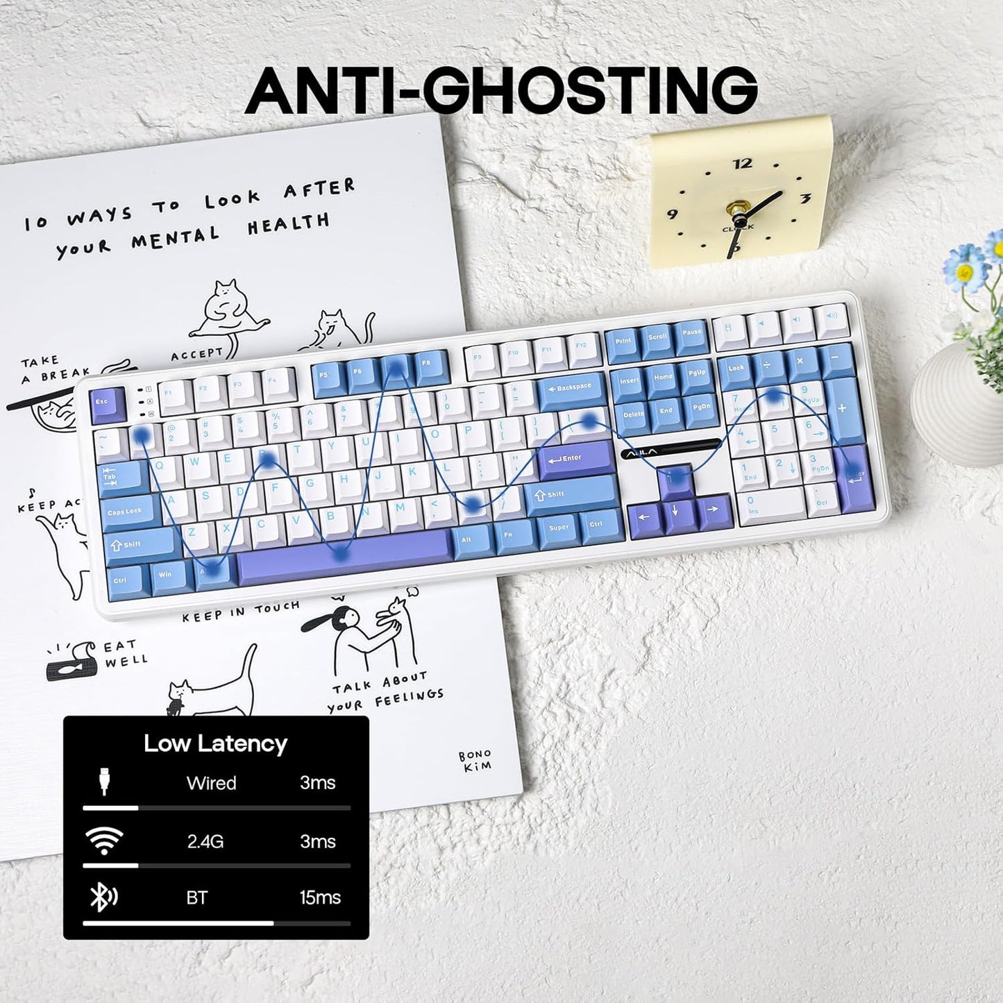 EPOMAKER Aula F108 Wireless Gaming Keyboard, Full Size Mechanical Keyboard with 4000mAh Battery, 108 Hot-Swappable and Programmable Keys, RGB Backlight, for Mac/PC/Android (White&Blue)