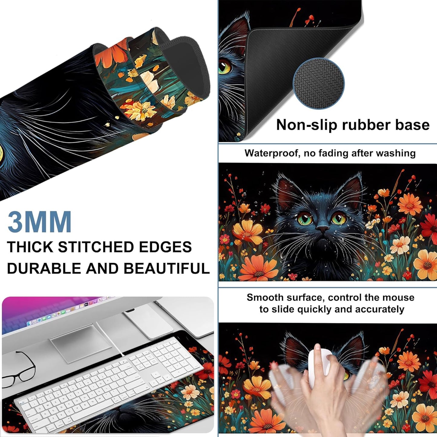 Black Cat and Flowers Gaming Mouse Pad 3mm Thick Stitched Edge Waterproof Non-Slip Large Computer Keyboard Mouse Mat,Suitable for Office Entertainment Decorative Desk Pad 35.4 x 15.7 Inches