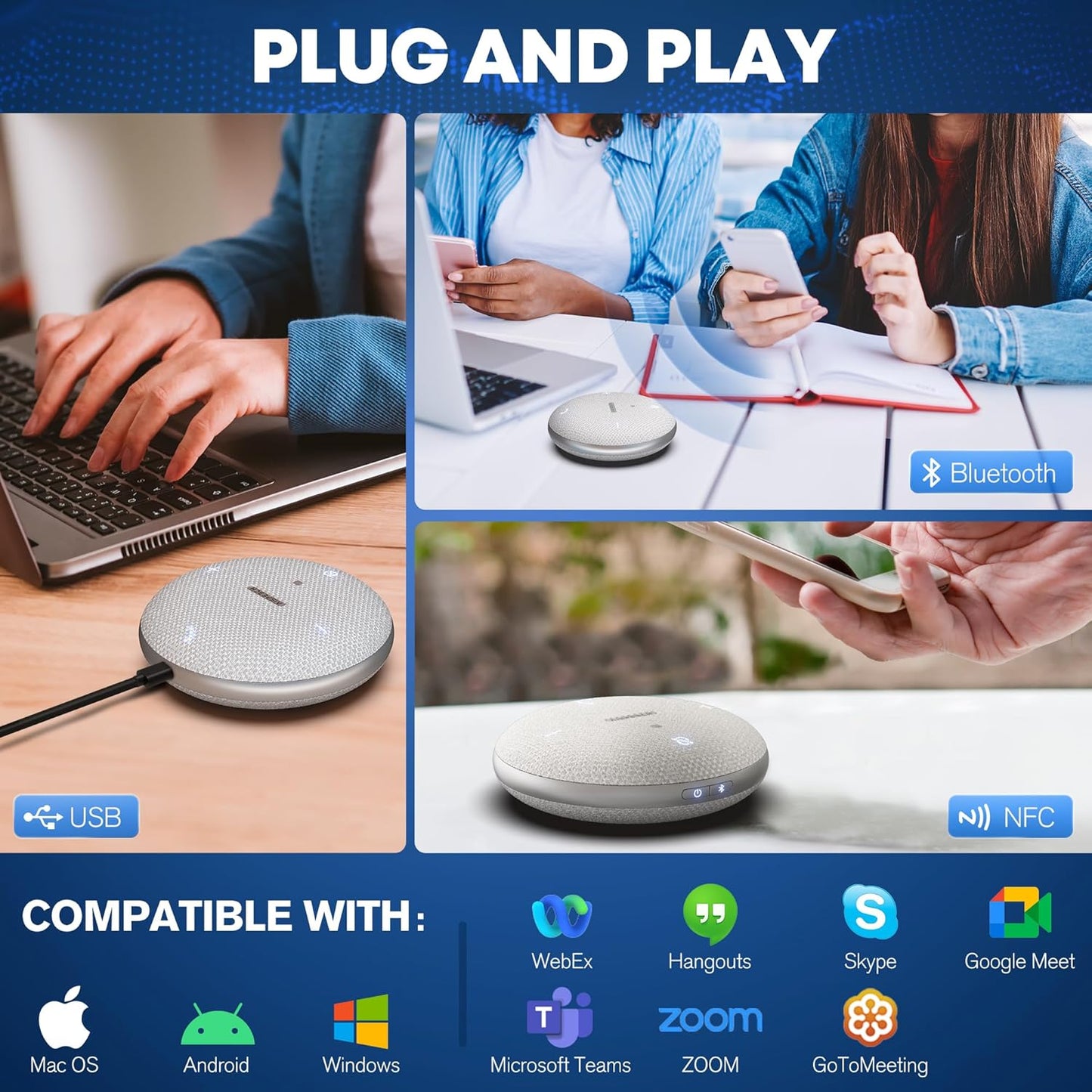 Bluetooth Conference Speakerphone M4 Conference Microphone with AI Noise Reduction AI Transcription Full-Duplex 360° Omnidirectional Voice Pickup USB Speaker for Teams Zoom Home Office, Gray