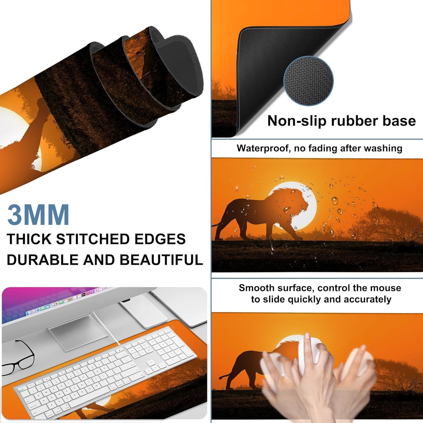 Large Mouse Pad Lion Silhouette Gaming Desk Pad Computer Keyboard Non-Slip Waterproof Mouse Mat with Rubber Base and Stitched Edges Entertainment Office Writing Desk Mat 35.4 x 15.7 Inches