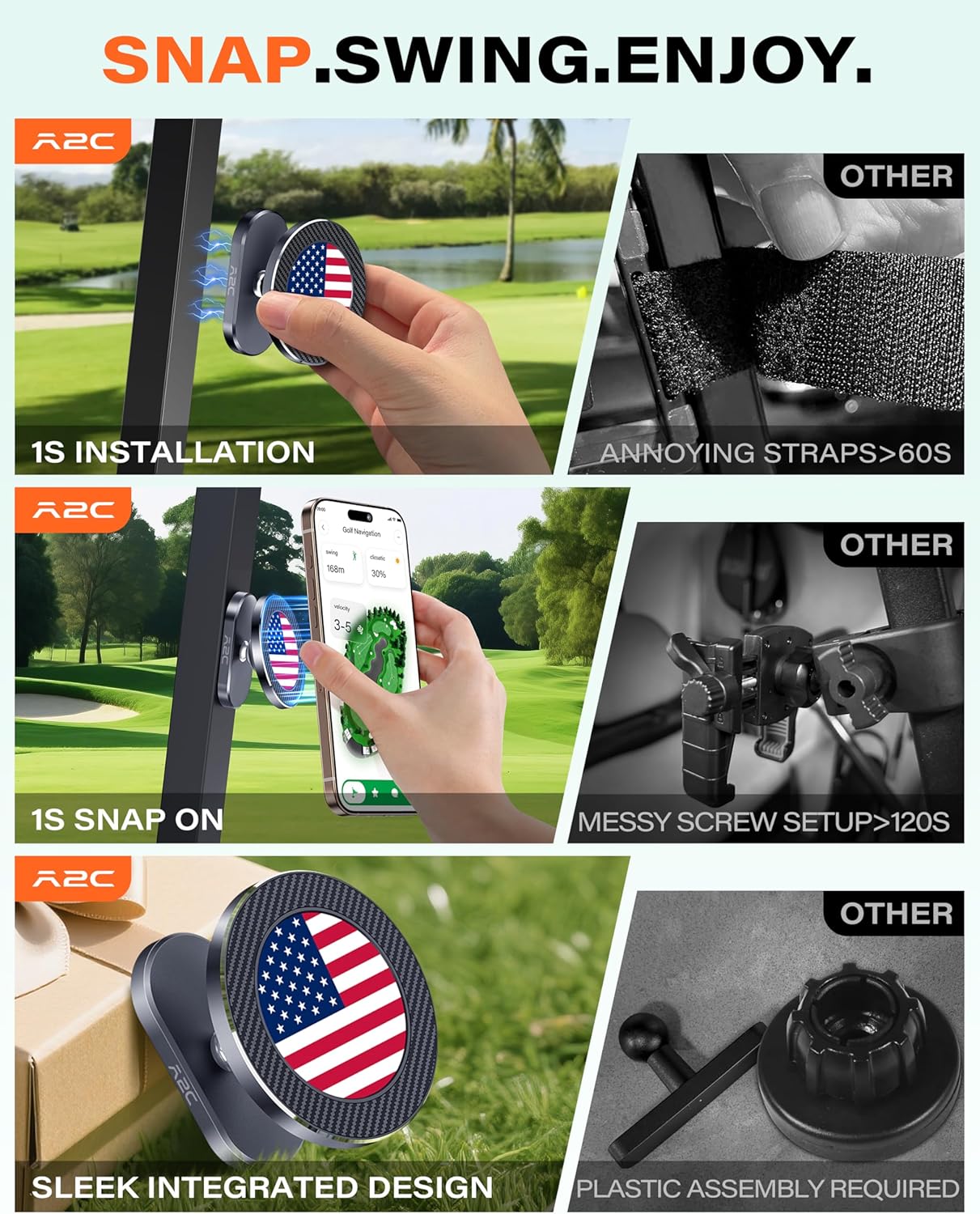 A2C Alloy Magnetic Golf Cart Phone Holder Compatible with MagSafe iPhone 16 Pro Max Plus 15 14 13 12 Mini Fits EZGO, Club Car, Yamaha, Icon, Golf Cart Accessories Essentials Gift (US Flag)