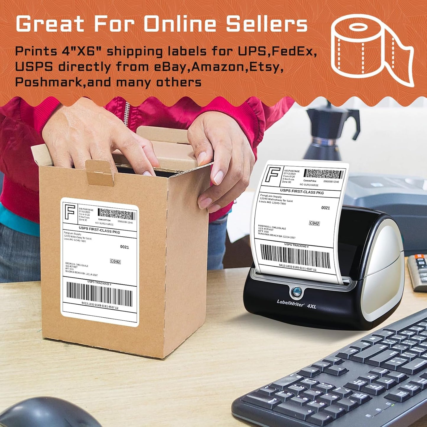 FungLam 4 Rolls 4XL Labels 4" x 6" Direct Thermal Printer Labels, Shipping Labels Compatible with LabelWriter 4XL 1744907 Thermal Postage Label Paper, 220 Labels/Roll