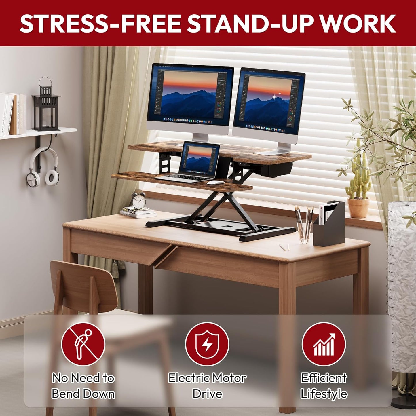 SANODESK Standing Desk Converter with Electric Motor 35" Height Adjustable Desk Riser for Office Home,Monitor and Laptop Workstation with Large Keyboard Tray,Rustic Color