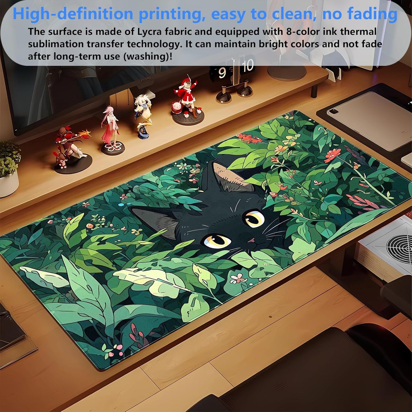 Black Cat Mouse Pad Cute Gaming Mousepad XL Kawaii Computer Mat 31.5 x 15.7 in Full Desk Mouse and Keyboard Pad Green Desk Mat with Stitched Edge Anti-Slip Washable for Office and Home