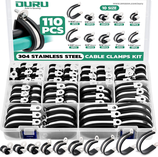 110PCS Cable Clamps Assortment Kit,10 Sizes—1/4" 5/16" 3/8" 1/2" 5/8" 3/4" 1" 1-1/4" 1-1/2" 1-3/4" Stainless Steel Rubber Coated Cushioned Insulated Cable Clamp,Automotive Wire Pipe Clamps
