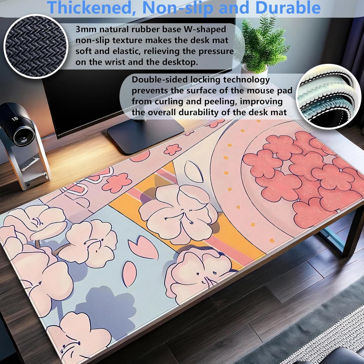 Pink Floral Mouse Pad XXL Cute Anime Gaming Desk Mat 31.5"x15.7", Thickened Rubber Base, Stitched Edge & Washable Design for Women, Office, Home