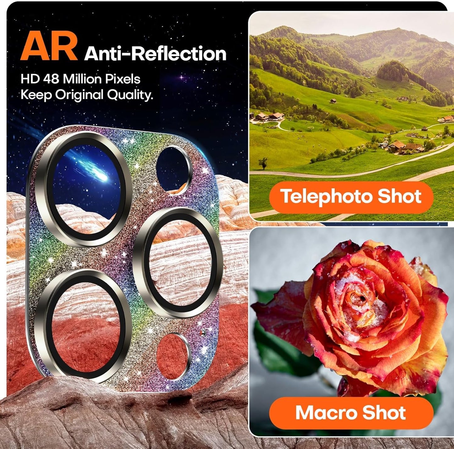 Camera Lens Protector for iPhone 16 Pro Max/16 Pro/iPhone 15 Pro Max/15 Pro/iPhone 14 Pro Max/14 Pro, Aluminum Alloy Sapphire Glass Camera Screen Cover, Case Friendly- Glitter Colorful