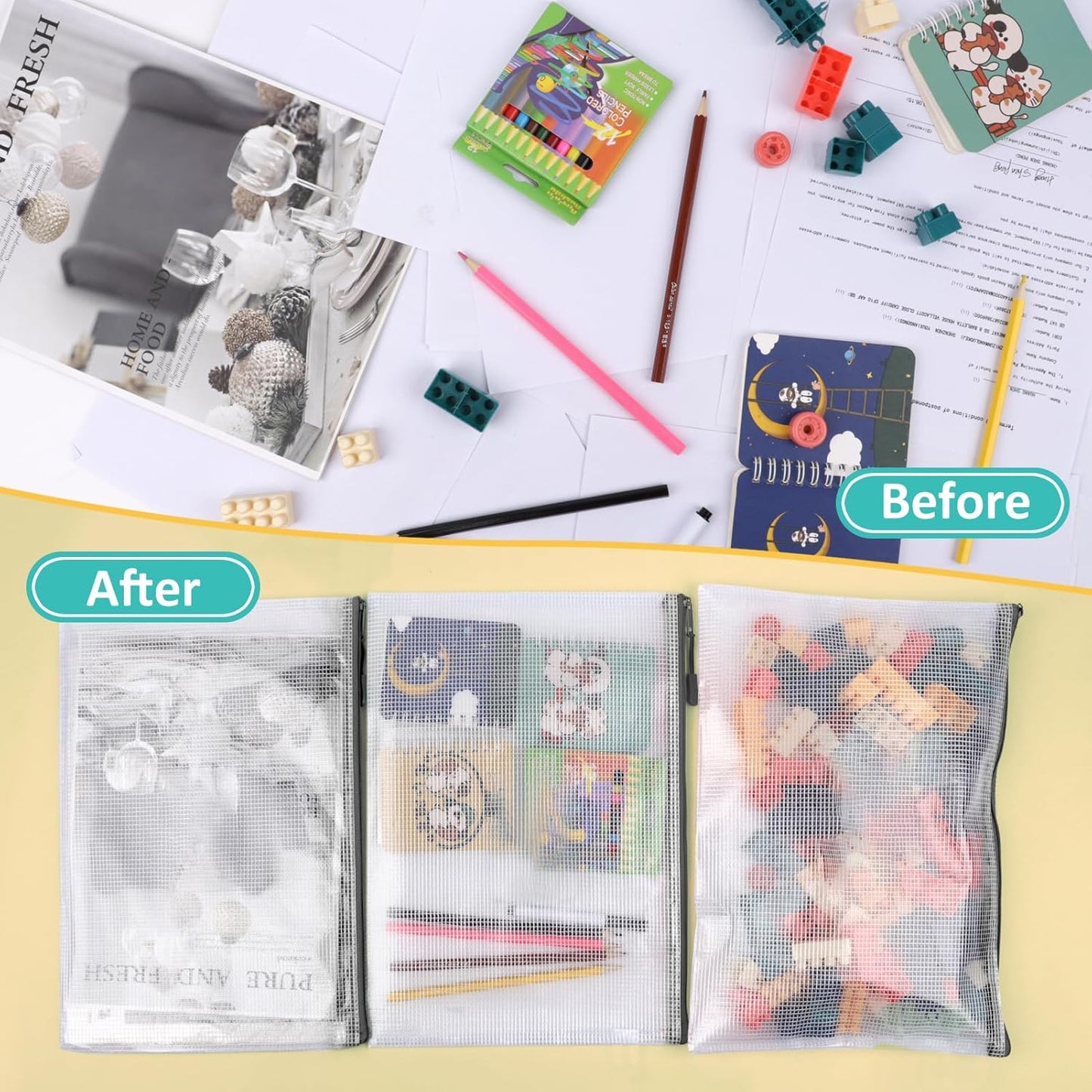 12pcs Mesh Zipper Pouch Bags, A4 Puzzle Bag for Organizing Storage Bag, File Bags for Office, Board Games and Home Supplies