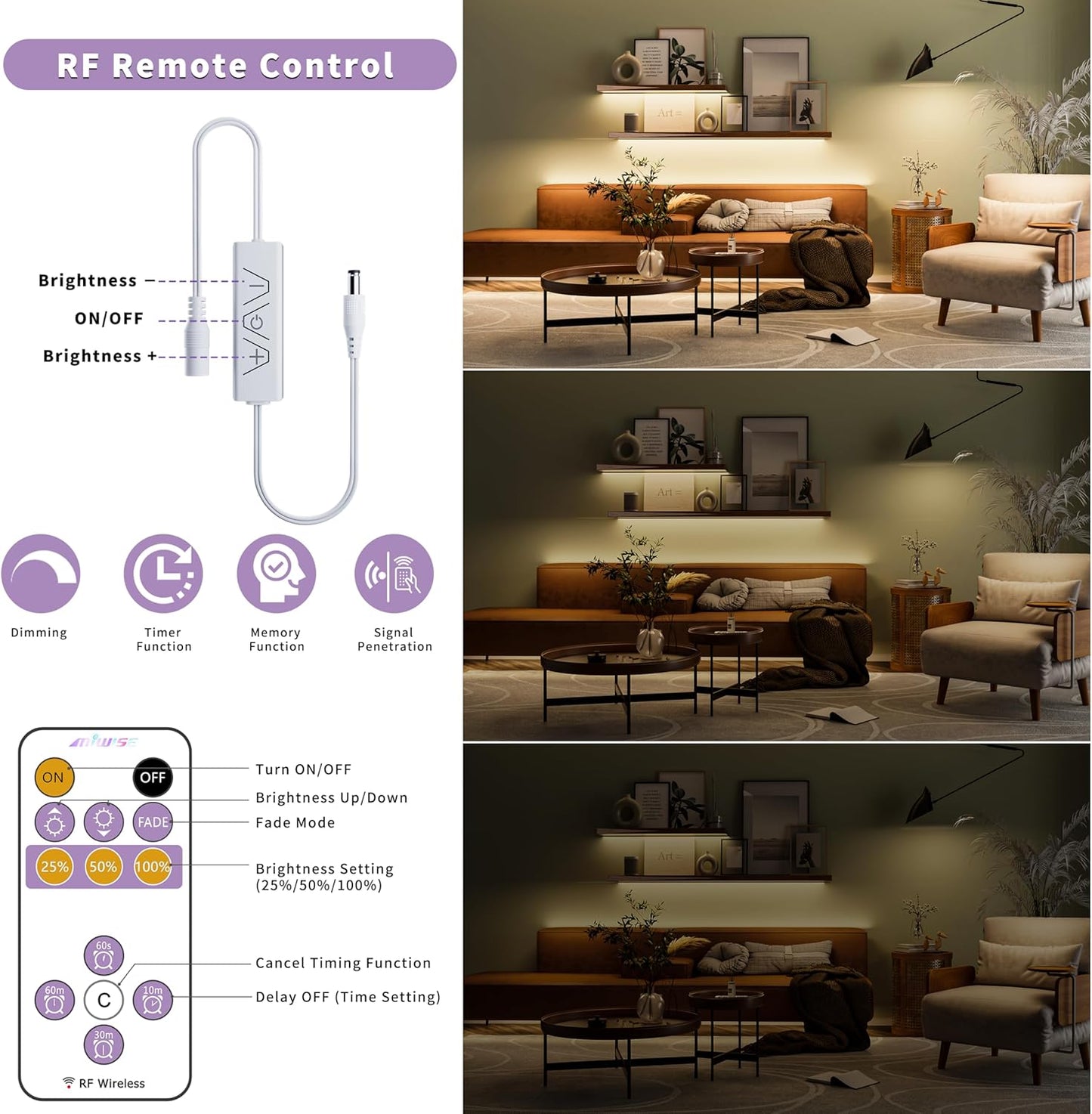 MIWISE RF Remote Dimmer for Single Color LED Strip Lights,13-Key Wireless Remote and in-line Controller DC 12-24V for 3528/2835/5050/COB LED Tape Lights,Timer Function/One-to-Many Control