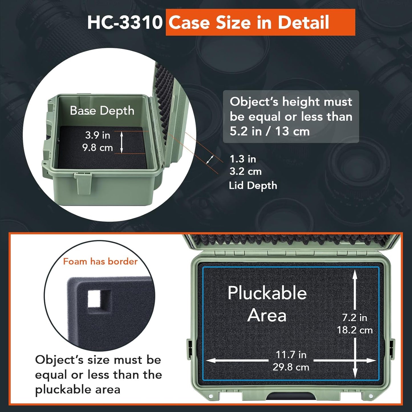 Lykus HC-3310 Waterproof Hard Case with Customizable Foam Insert, Interior Size 12.99x8.27x5.31 in, Suitable for pistol,camera,lens,drone,mic,flashlight,telescope,action cam,electronics,tools,and more