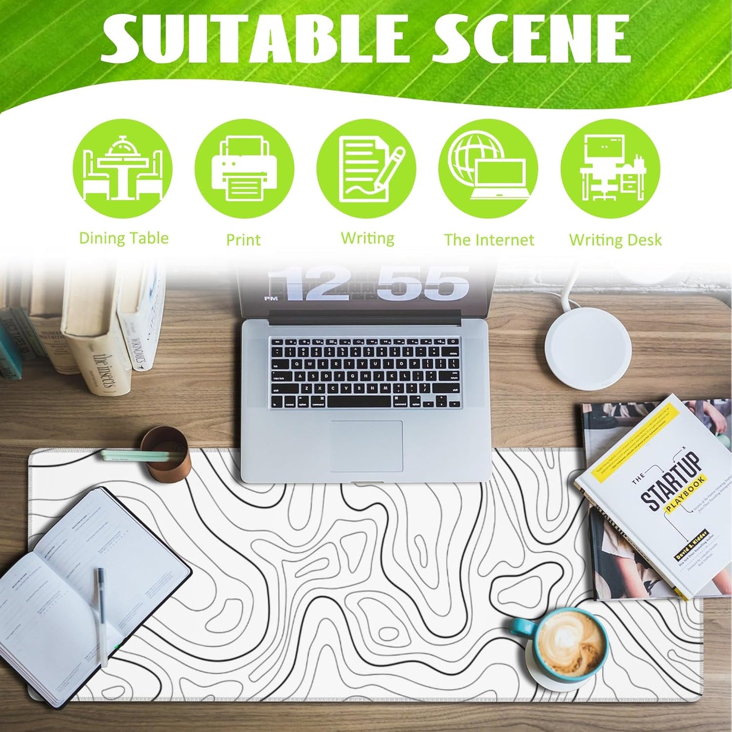 Desk Mat,White Topographic Contour Map Desk Pad,Topographic Contour Large Gaming Mouse Pad for Desk,Extended Big Computer Keyboard Mouse Pad with Non-Slip Base and Stitched Edge,31.5"x11.8"