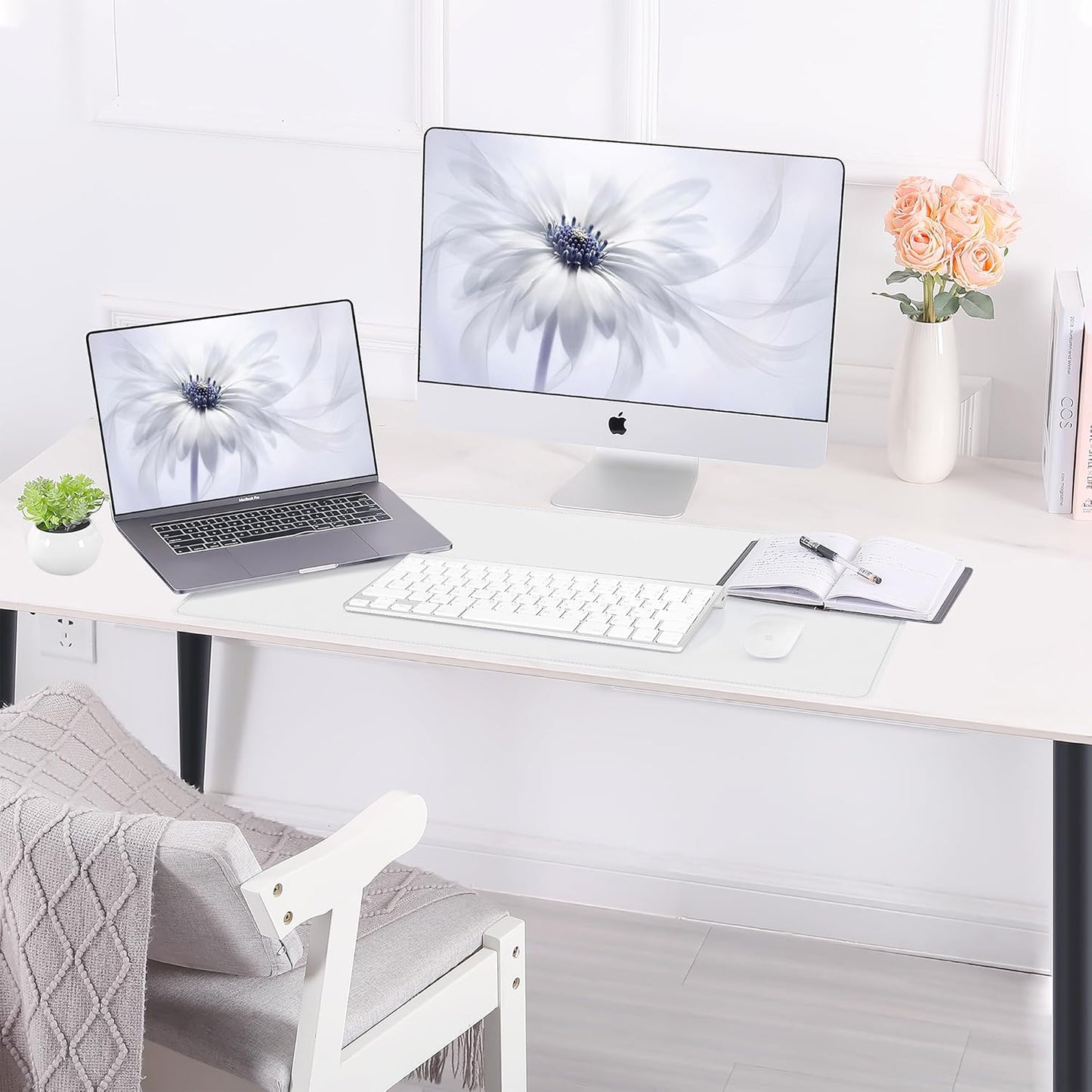 AFIING Dual-Sided Desk Pad, Natural Cork & PU Leather Mouse pad for Office and Home Work, Desk Protector Non-Slip, Waterproof, Easy Clean (Ivory White, 23.6" x 13.7")