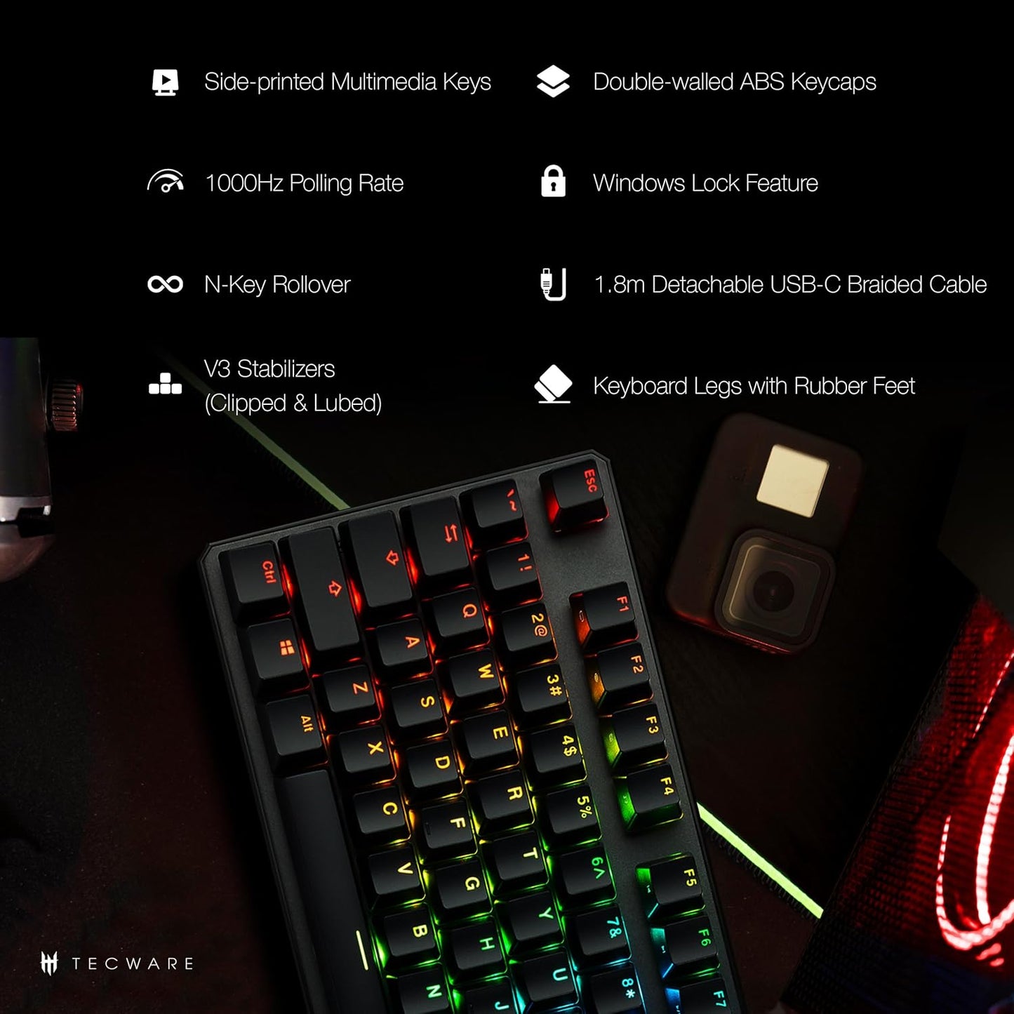 TECWARE Phantom+ 87 Key Mechanical Gaming Keyboard, RGB led, TKL 75% Keyboard, Thocky Sounding, Wraith Brown Switch