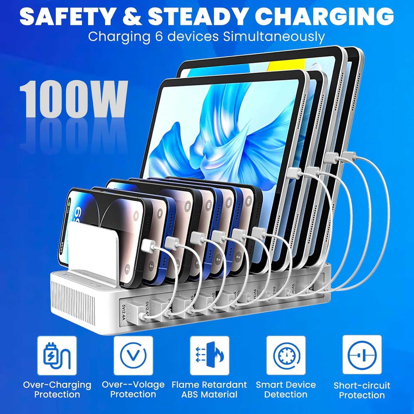 Charging Station for Multiple Devices, 100W 10 Ports Flat Plug Charging Dock with 10 Cables Smart IC Tech and Adjustable Dividers Type-C，Multi USB Charger for iPhone Galaxy iPad Tablet，White